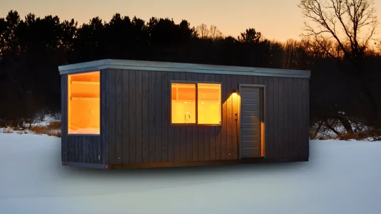 The Escapetraveler eVista modular studio, glowing warmly in a snowy landscape, a modern prefab home for under 50k.