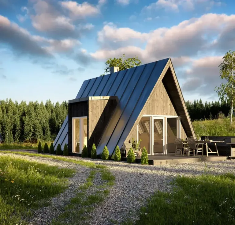 The Avrame Duo, a compact and modern A-frame cabin kit with a metal roof, an affordable prefab home for under 50k.