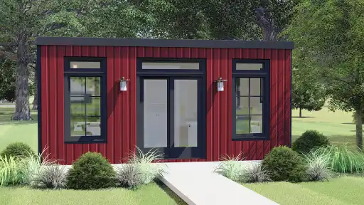The Austin by Hydda Living, a modern red prefab backyard office pod, a type of modular home for under 50k.