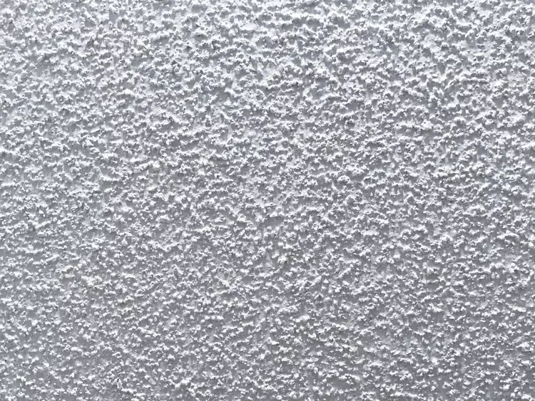 Classic white popcorn acoustic ceiling texture, demonstrating a common sound-dampening wall and ceiling finish.