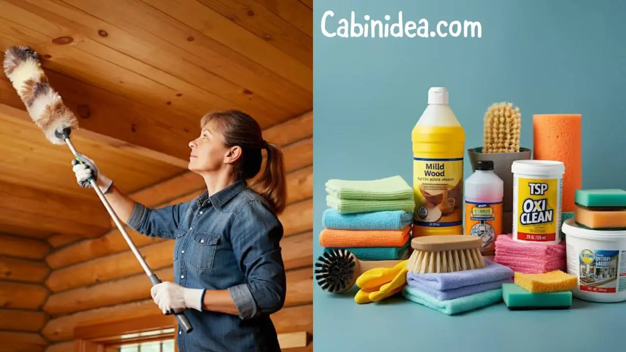 A Person cleaning ceiling and cleaning supplies: mild wood cleaner, TSP, OxiClean, soft-bristled brushes, microfiber cloths, and sponges for cleaning log cabin interior walls