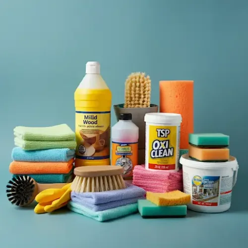 Cleaning supplies: mild wood cleaner, TSP, OxiClean, soft-bristled brushes, microfiber cloths, and sponges for cleaning log cabin interior walls