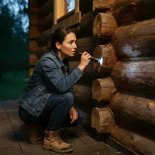 A person carefully inspecting log cabin interior walls for dirt, damage, and mold before cleaning.