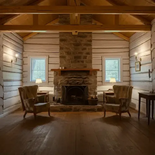 Clean and well-maintained interior walls of a log cabin with a fireplace.