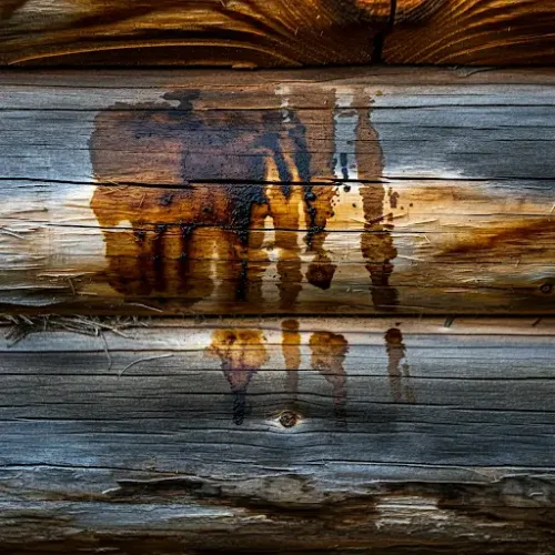 Log cabin wall with various stains, including water damage and grease marks.