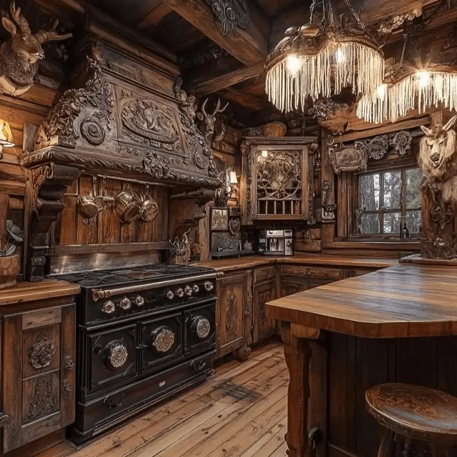 Opulent rustic kitchen with an ornately carved wooden range hood over a vintage stove.
