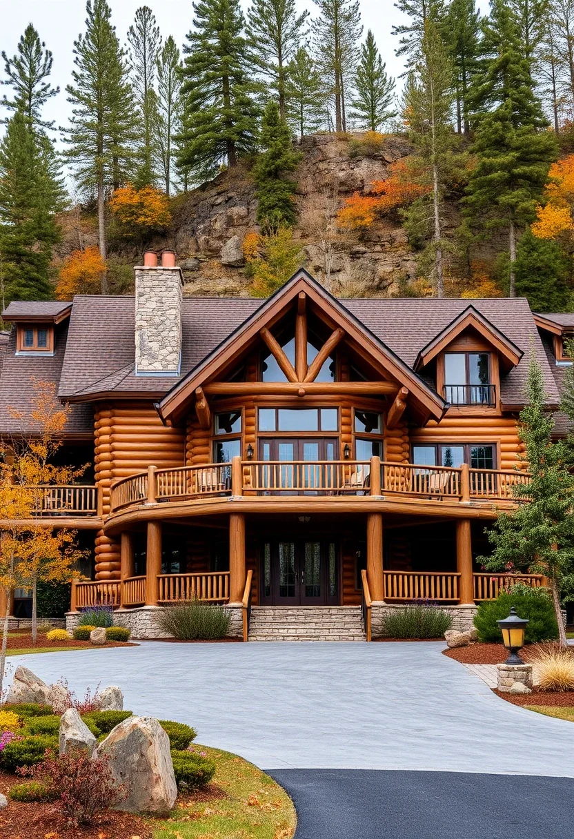 Log cabin with a curved balcony and stone entryway, set against a forested hillside.