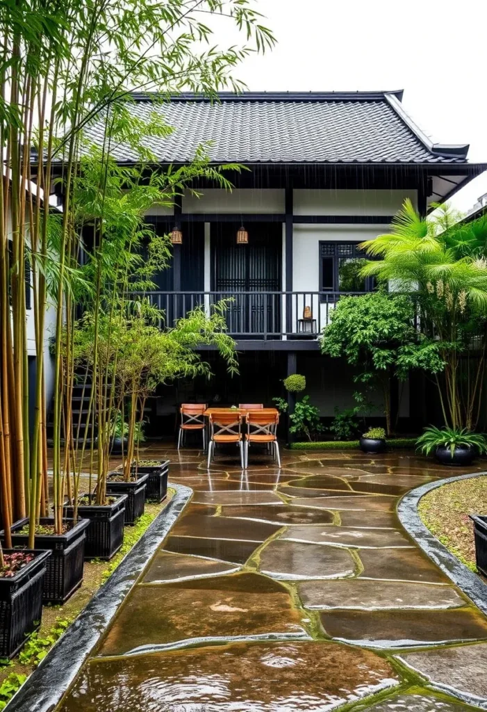 Courtyard with symmetrical bamboo planters, possibly Rachamankha Hotel