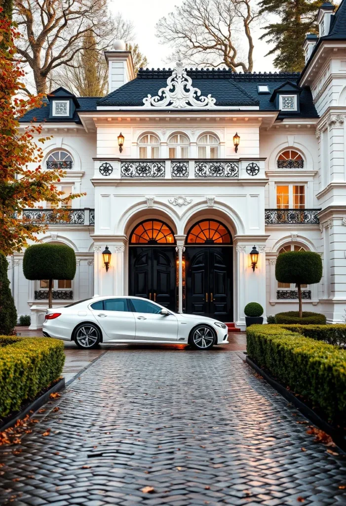 Modern Victorian home featuring symmetrical design, manicured topiaries, a double-arched entryway, and dark double doors, showcasing classic elegance with modern contrast.