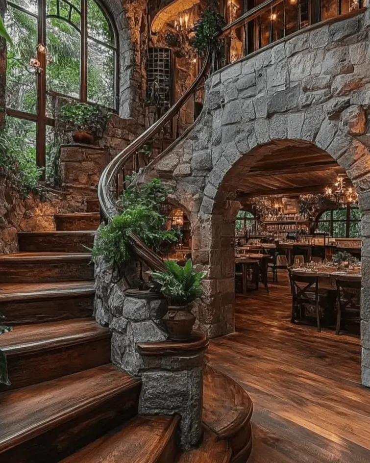 Winding stone staircase and archway in a rustic cabin, leading to a dining area and softened by plants.