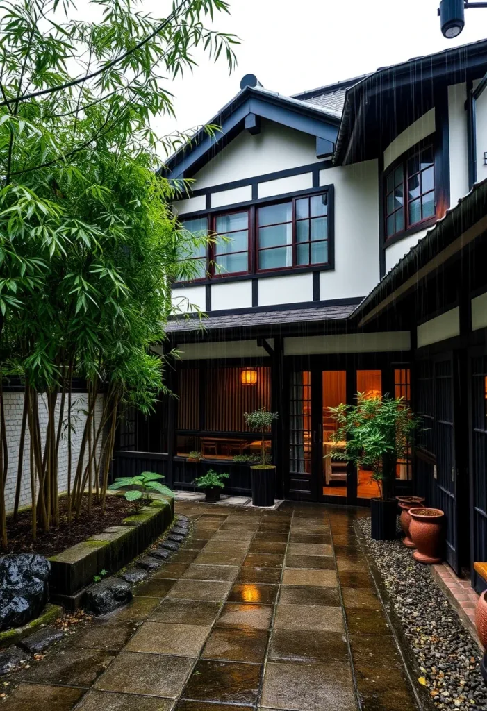 Courtyard with mix of modern and traditional elements, possibly Fuji Lake Hotel