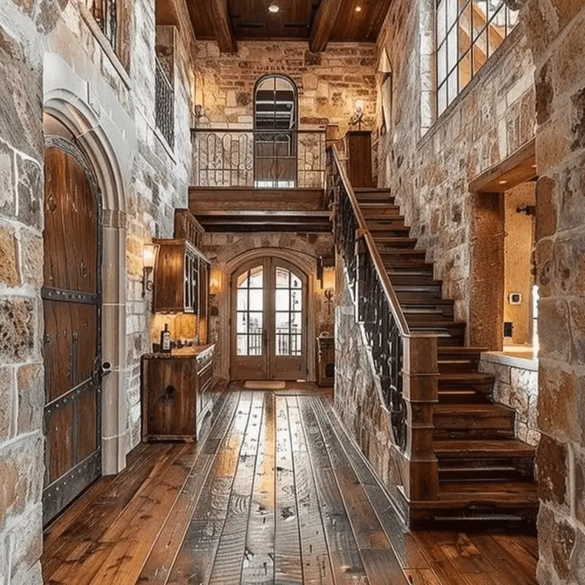 Grand entryway in a rustic home with rough stone walls, a wooden staircase, and arched doorways.