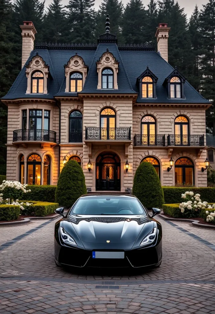 Modern Victorian house with a dramatic roofline, Victorian bay windows, and contemporary arched windows, showcasing a unique blend of architectural styles.