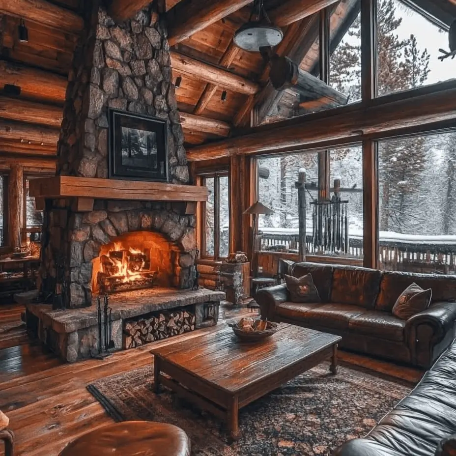 Grand log cabin great room with a monumental stone fireplace providing a warm glow against a snowy forest view.