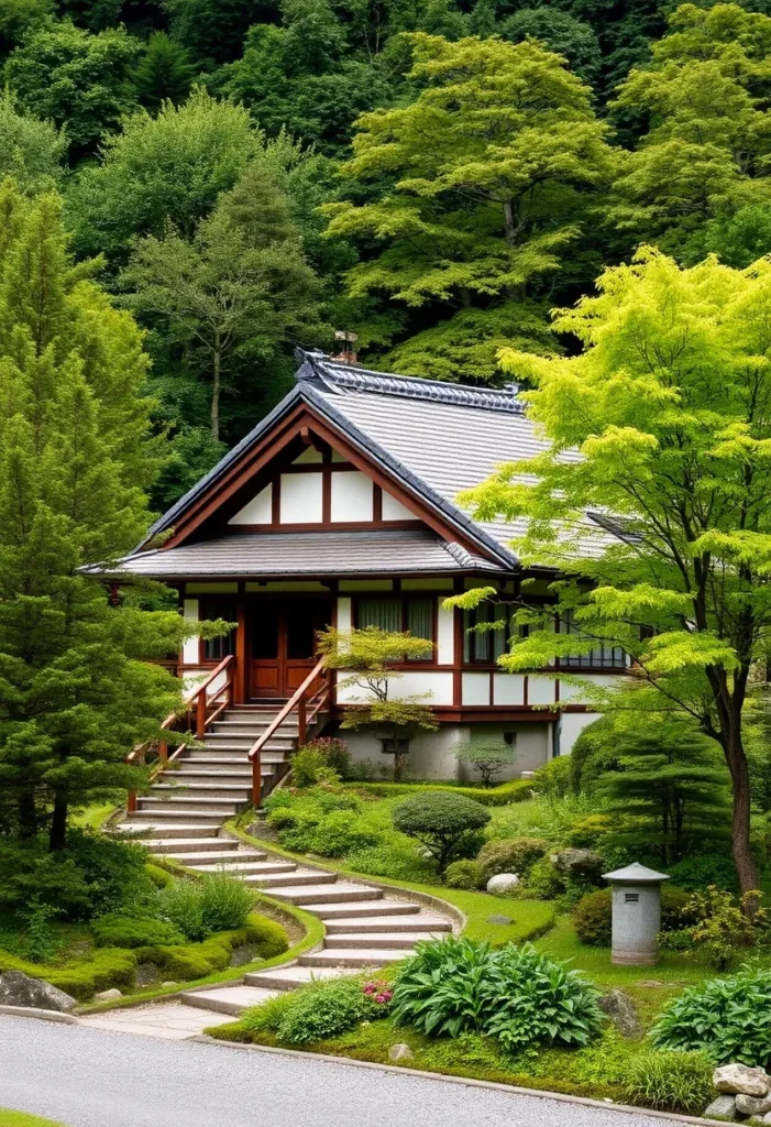 Japanese temple-style building with tiered stone steps, possibly Saiho-ji Moss Garden