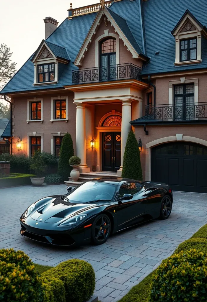 Modern Victorian design featuring an integrated garage, earthy-toned facade, dark roof, and a grand column-framed entryway, showcasing practical elegance.