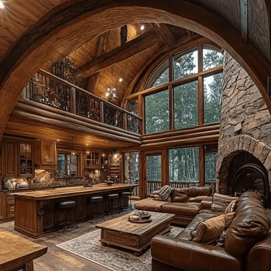 Rustic log cabin great room viewed through a massive, arched timber beam, showing the open-plan living and kitchen area.
