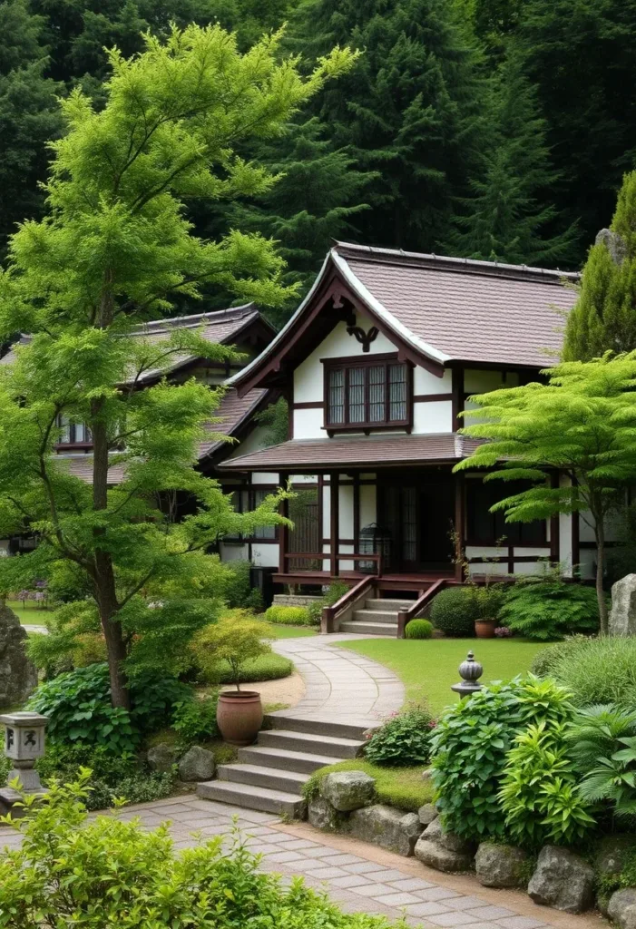 apanese-style house with covered walkway and garden, reminiscent of a tea house