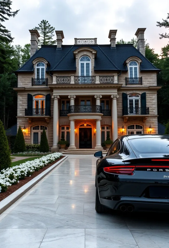 Modern Victorian home with a textured stone facade, grand columns flanking the entrance, and a long driveway, showcasing enduring elegance.