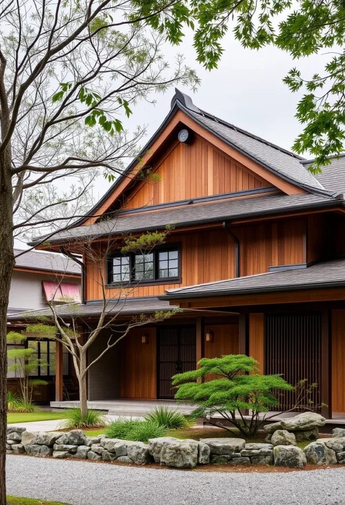 Japandi-style building with dark roof tiles, possibly in Kurashiki