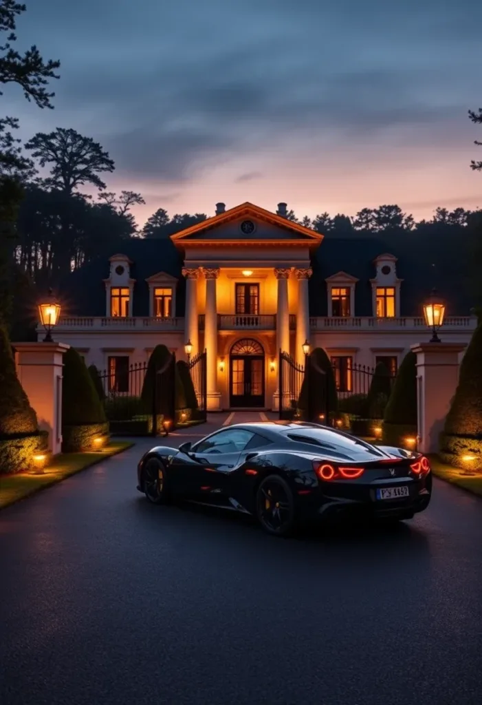 Symmetrical Modern Victorian home illuminated at night, featuring a grand entrance, tall hedges, and a long driveway, creating an elegant ambiance.