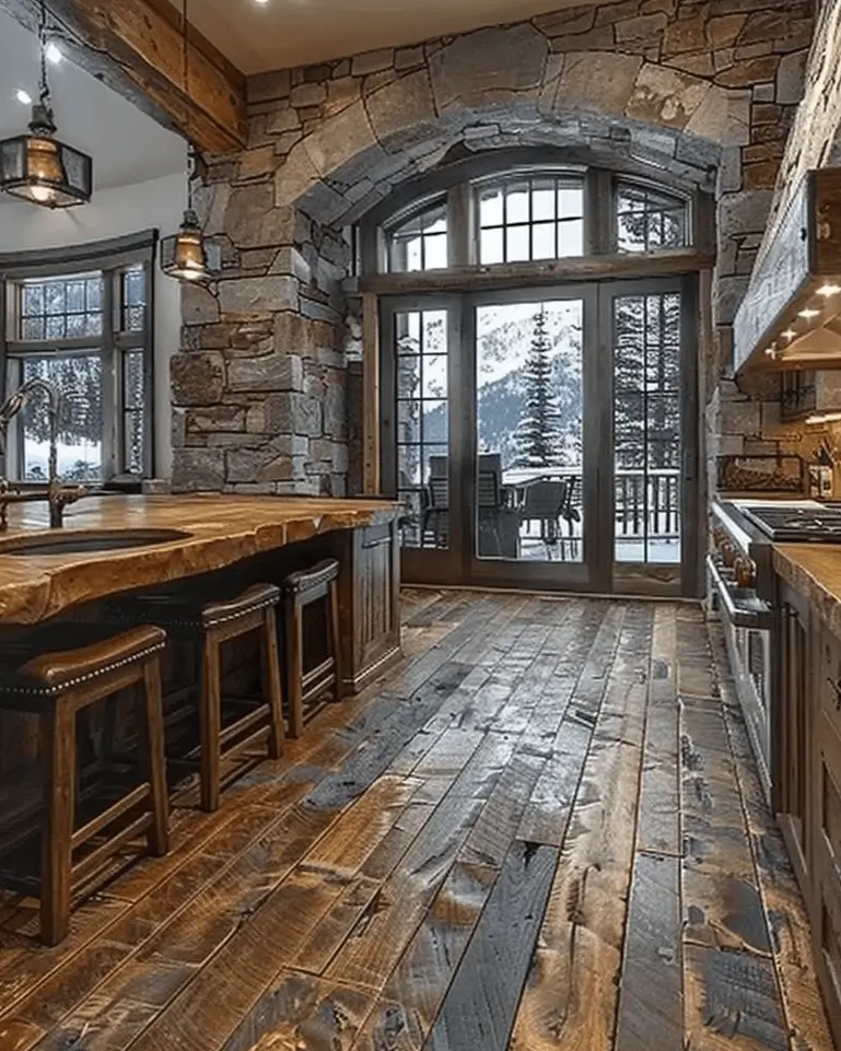 Rustic kitchen with a large stone arch framing glass doors that open to a snowy view.