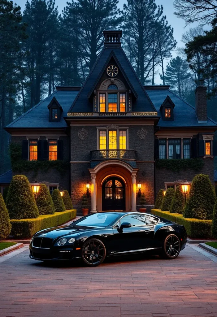 Modern Victorian home with dark, moody exterior, Gothic-inspired arched entryway, steeply pitched roof, and illuminated windows, showcasing a dramatic aesthetic.