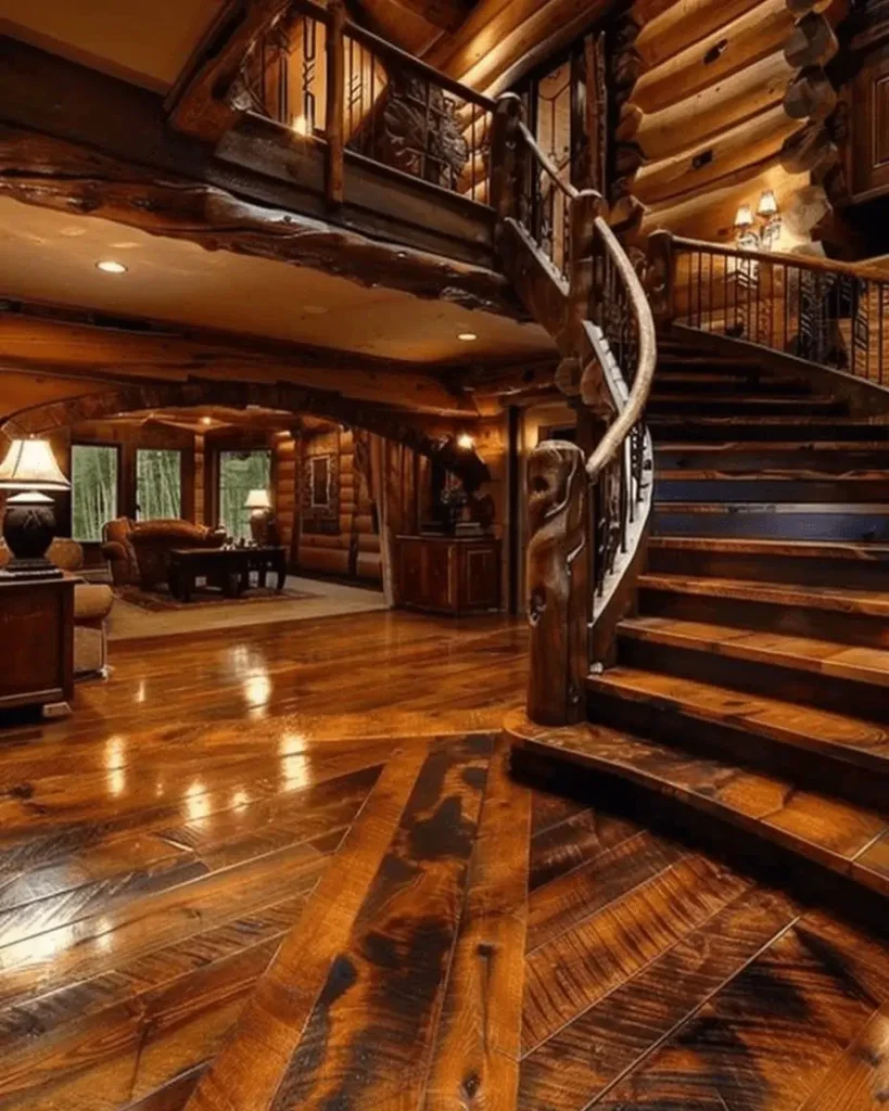 Elegant, curved wooden staircase in a log cabin with intricately patterned hardwood floors.