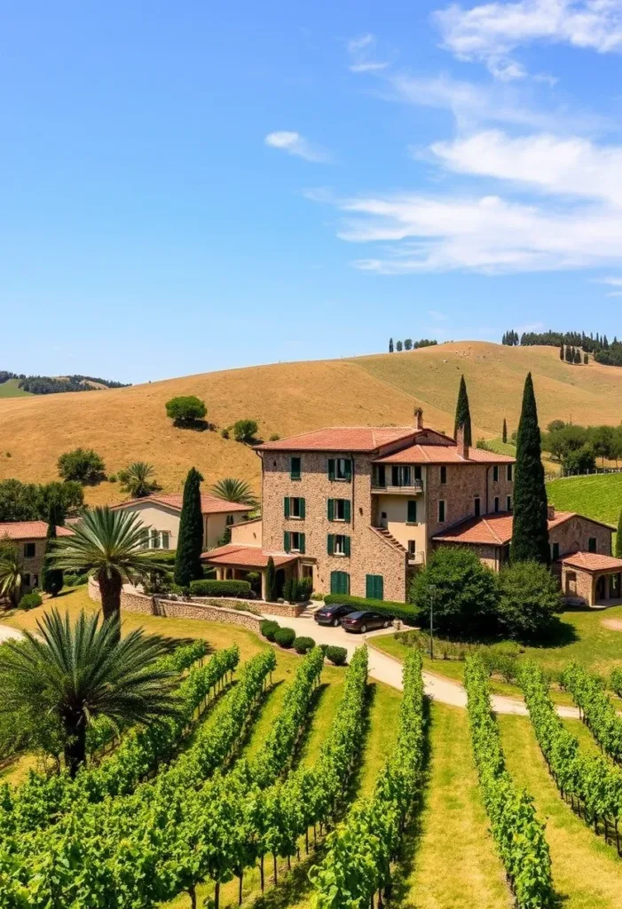 Tuscan villa surrounded by vineyards.