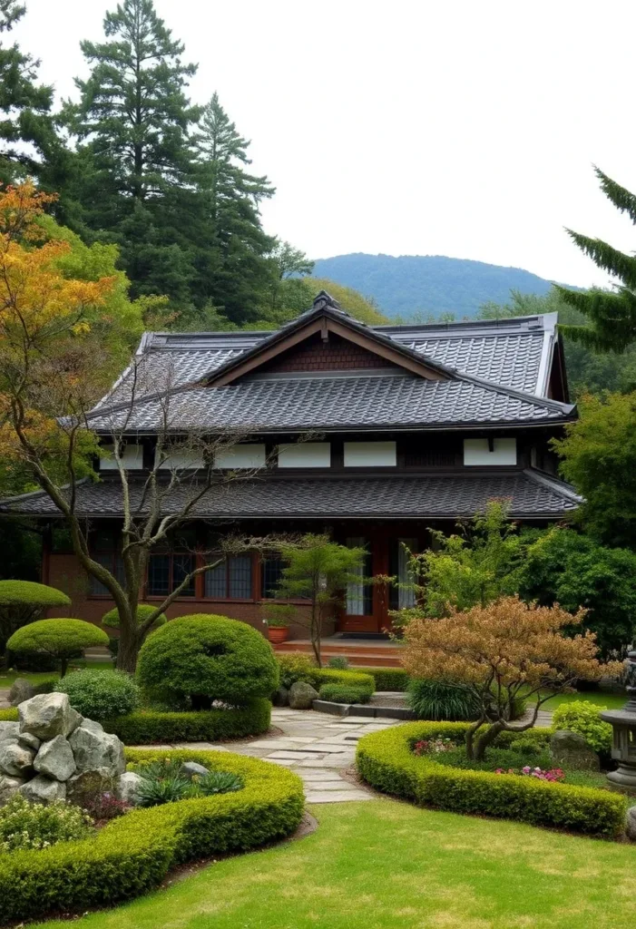 Traditional Japanese-style house with neatly trimmed hedges