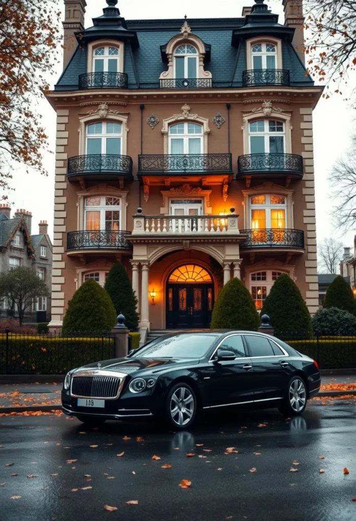 Modern Victorian narrow-lot home design with ornate ironwork balconies, a warm color palette, and an arched entryway, showcasing vertical elegance.