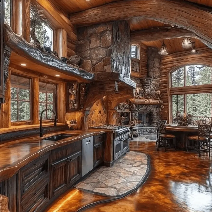 Modern rustic cabin kitchen with a unique inlaid flagstone path on a high-gloss floor.