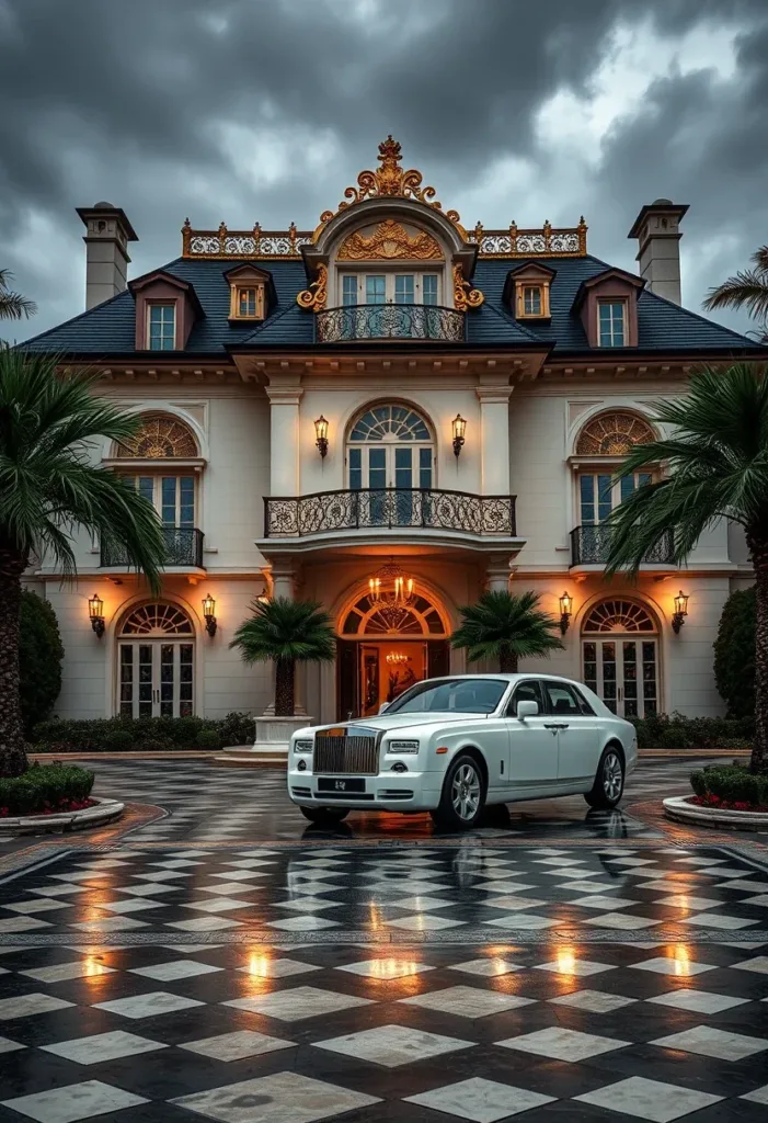 Modern Victorian home in a tropical setting with palm trees, an ornate roofline with gold accents, and a grand entrance, blending classic design with a lush environment.