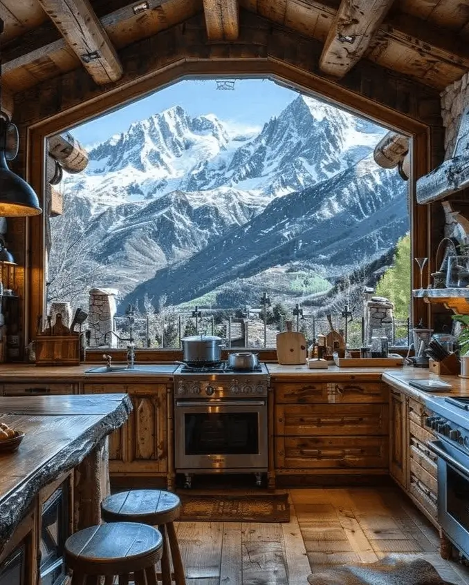 Rustic cabin kitchen with a large window framing a spectacular view of snow-covered mountains.