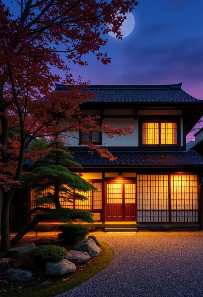 Traditional Japanese building with illuminated Shoji screens at night, possibly Kennin-ji Temple