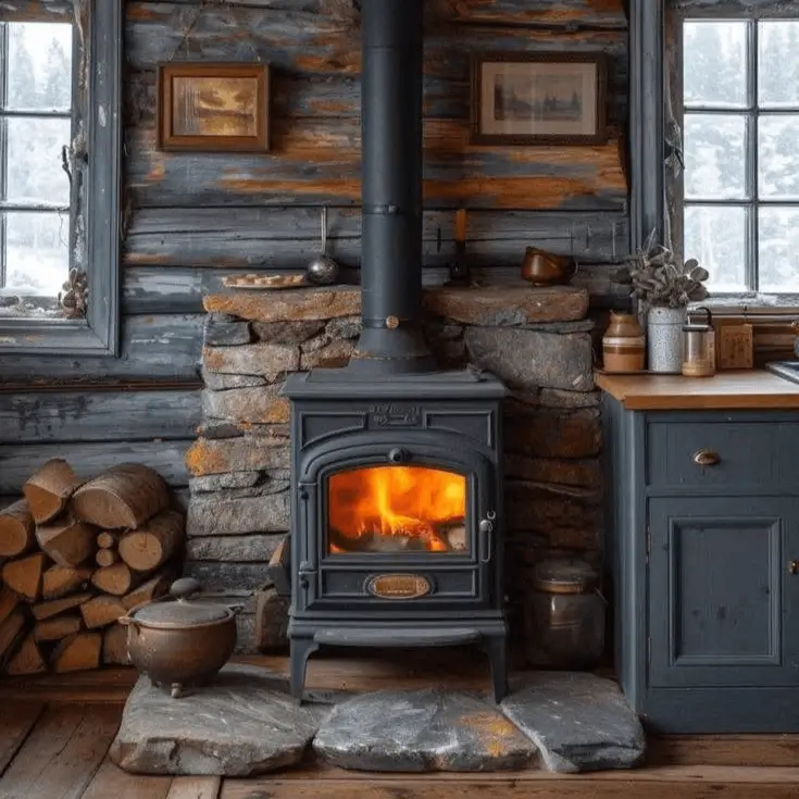 Classic black wood-burning stove glows warmly on a stone hearth in a rustic cabin corner.