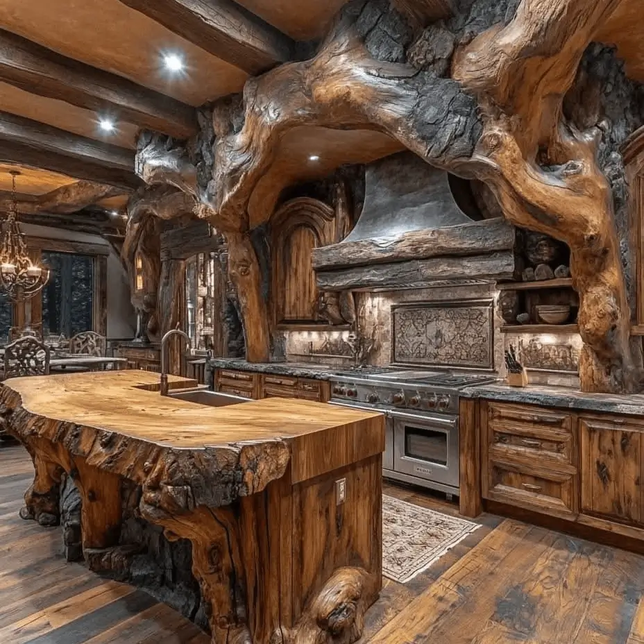 Dramatic rustic kitchen centered around a massive, sculptural live-edge wood island.