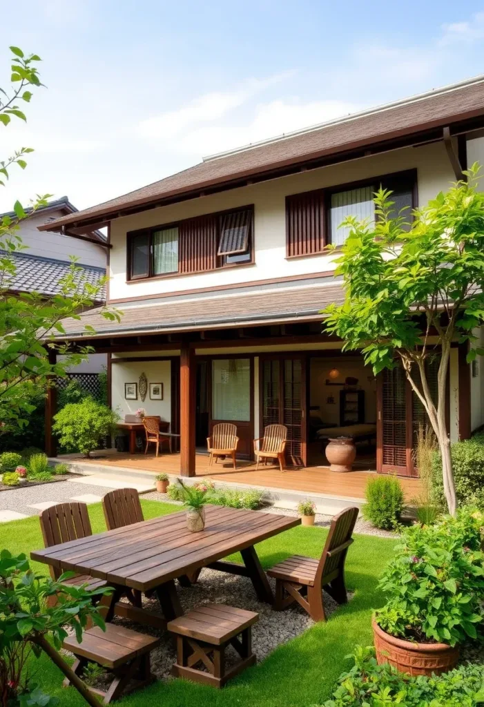 Modern Japanese-style house with simple wooden outdoor furniture