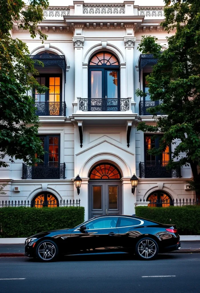 Modern Victorian home in an urban setting featuring a white facade, intricate ironwork balconies and awnings, and arched doorways, showcasing sophisticated city living.