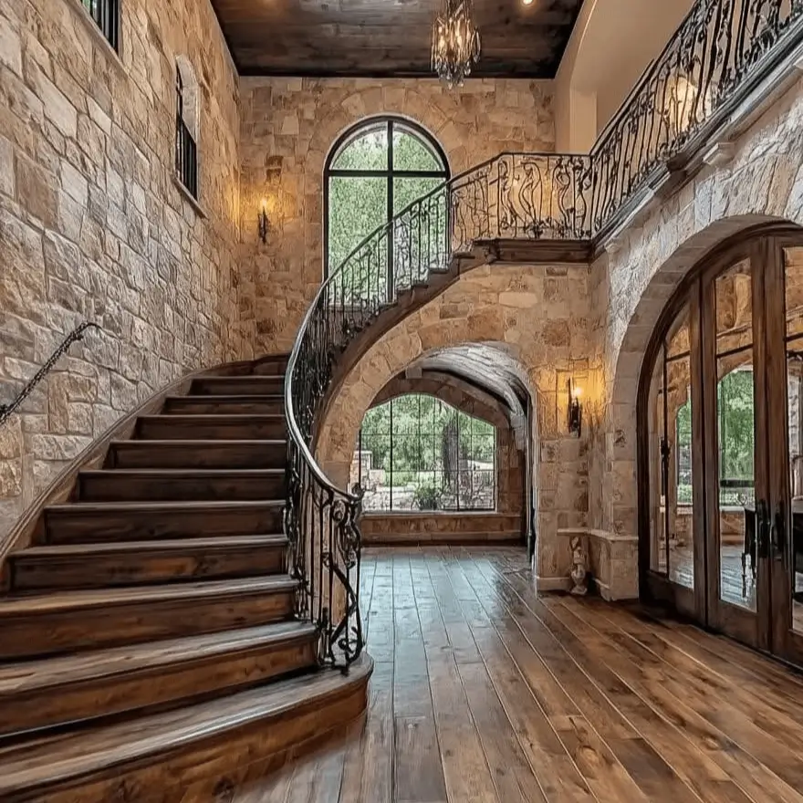 Grand, curved staircase with ornate wrought iron railings ascending along rustic stone walls.