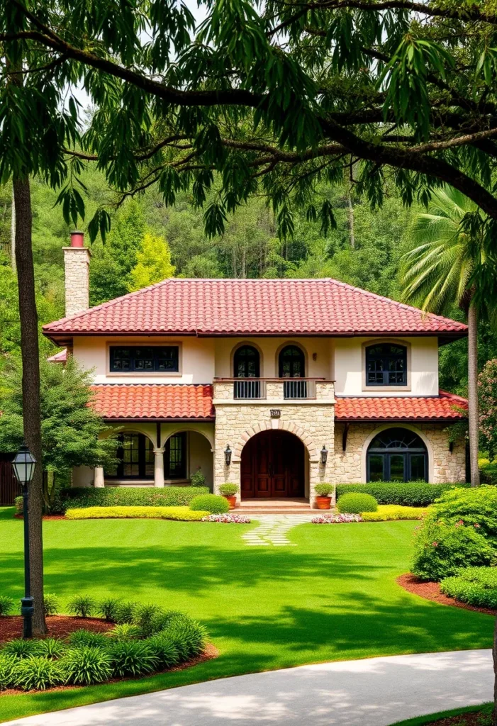 Grand house with arched entrance and landscaping.