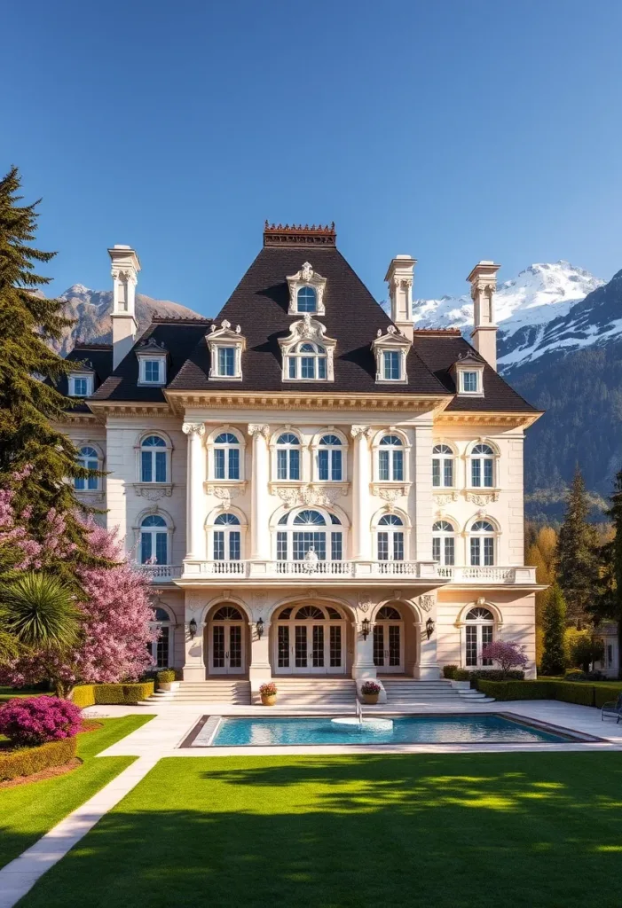 Modern Victorian home with a mountain backdrop, featuring a large pool, manicured grounds, and a dark mansard roof, showcasing luxurious resort-style living.