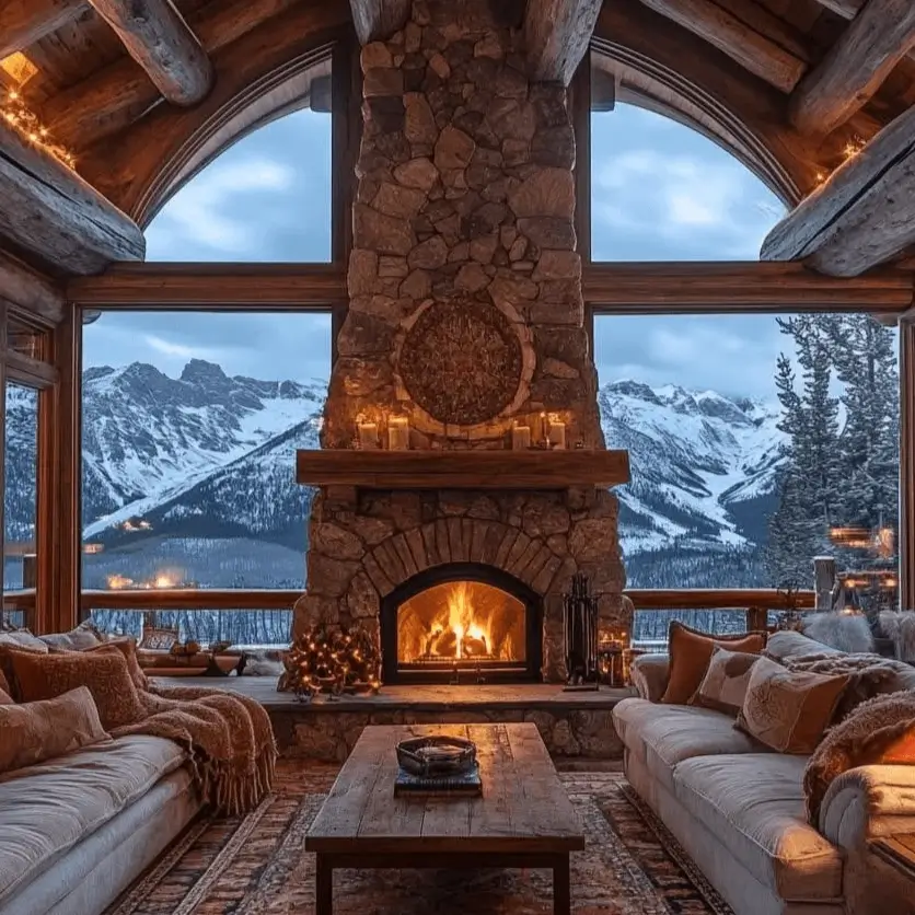 Rustic great room with a stone fireplace set between two arched windows framing a snowy mountain view.