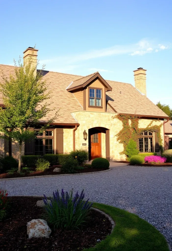 House with wooden door and circular driveway.