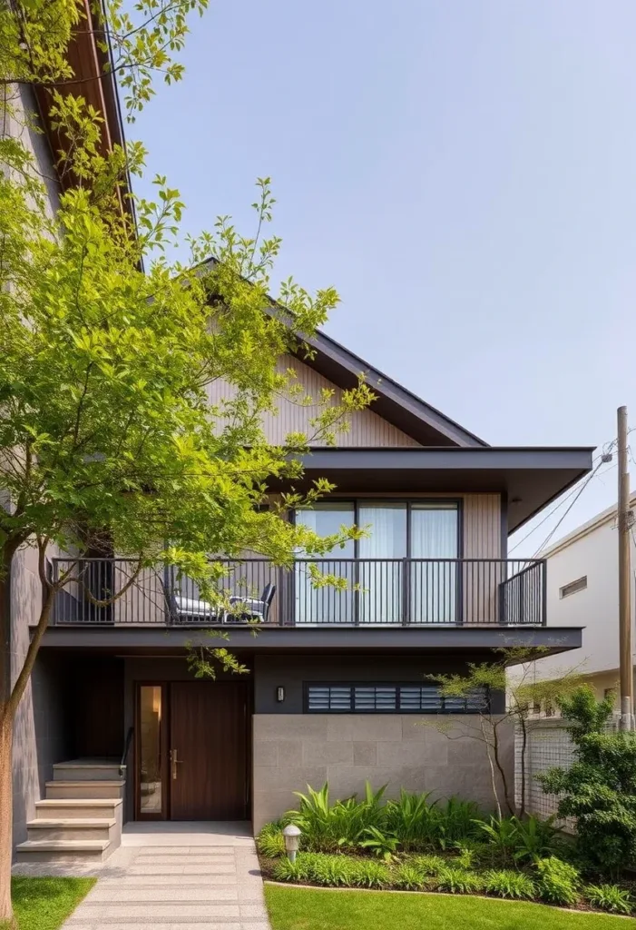 Modern Japandi-style house with minimalist balcony