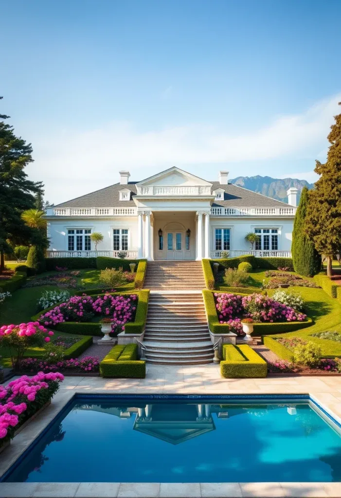 Modern Victorian home with tiered formal gardens, a grand staircase leading to the entrance, and a refreshing pool, showcasing a blend of elegance and relaxation.