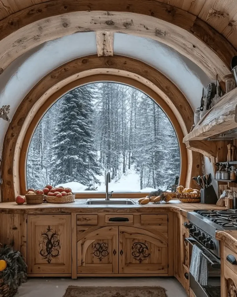 Rustic kitchen with a large arched window framing a snowy forest view.