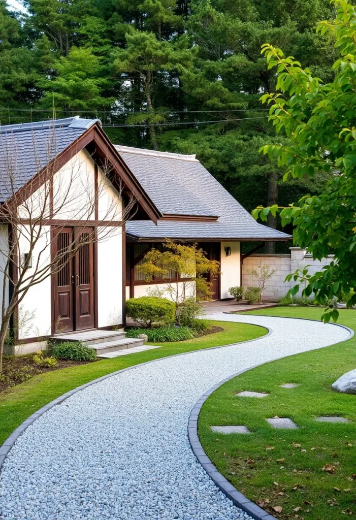 Japandi-style house with curving gravel pathway