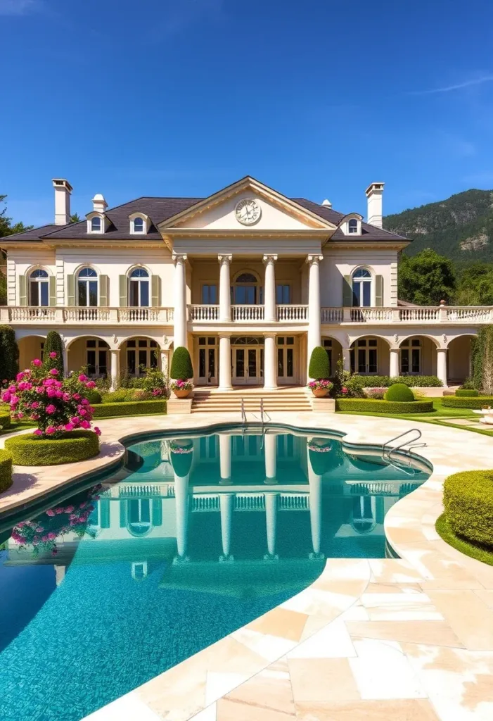 Modern Victorian home featuring a large pool, classical columns, symmetrical design, and lush landscaping, creating a luxurious outdoor oasis.