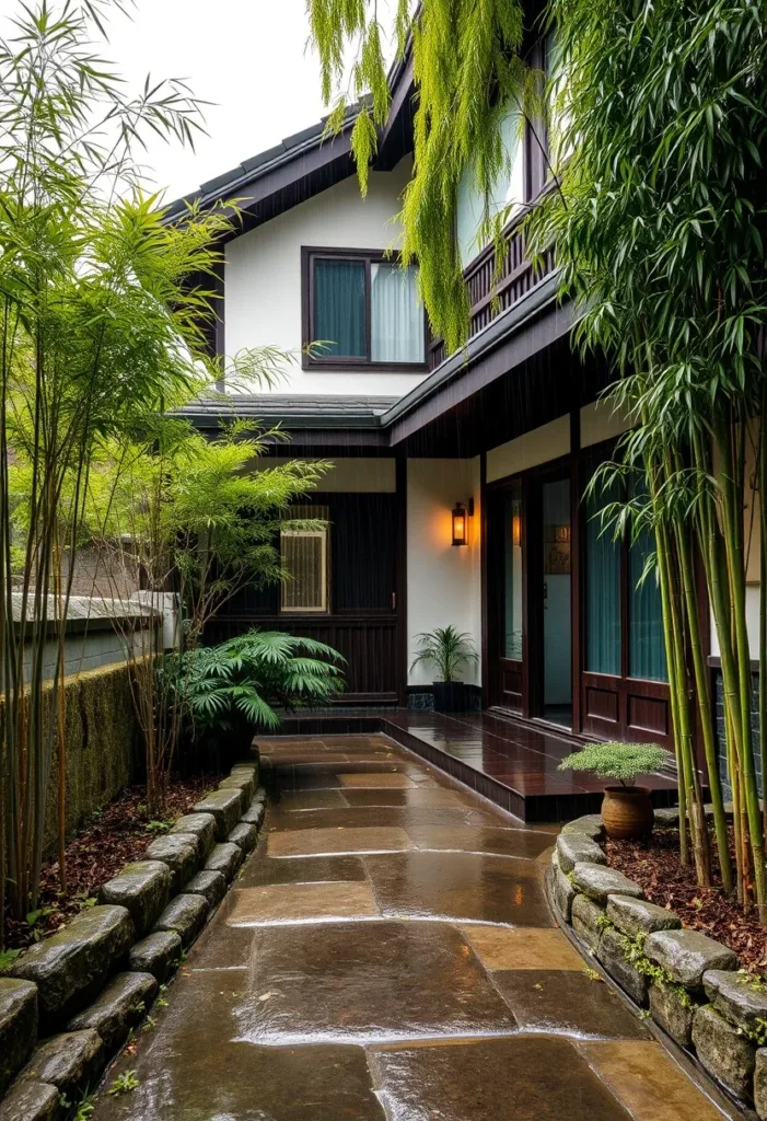 Japandi-style house with natural stone borders